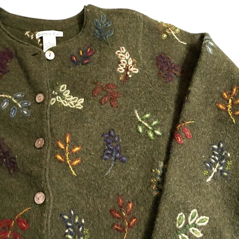 Eagle's Eye Vintage Womens Large Wool Embroidered Leaf Cardigan Olive Green L - Picture 2 of 5